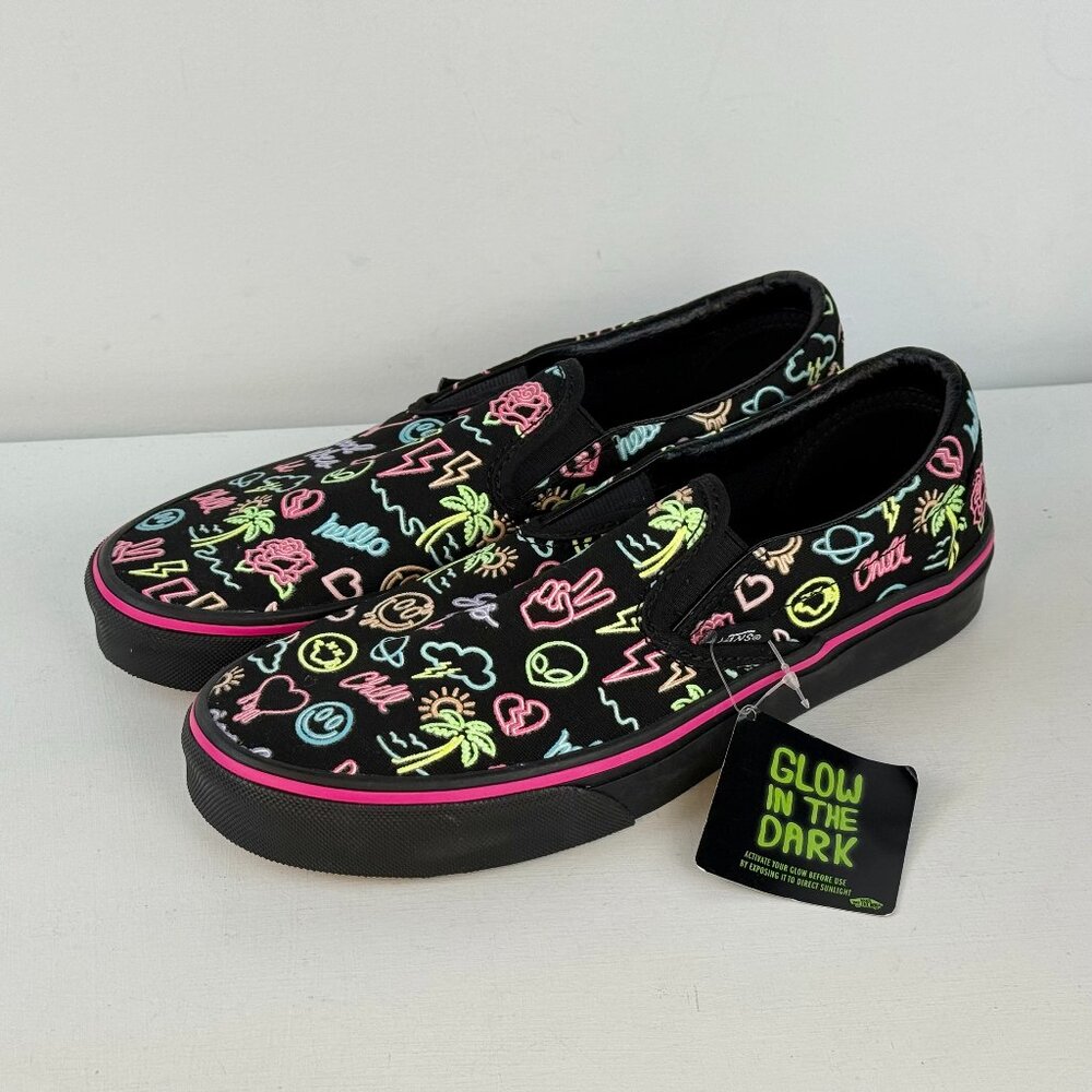 M6 W7.5- Vans Slip-On Glow In The Dark Black Neon Lights Emoji Skate Shoes